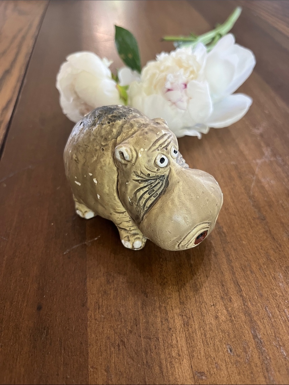 Vintage Ceramic house Hippo Figurine in Beige - Decorative Home Accent